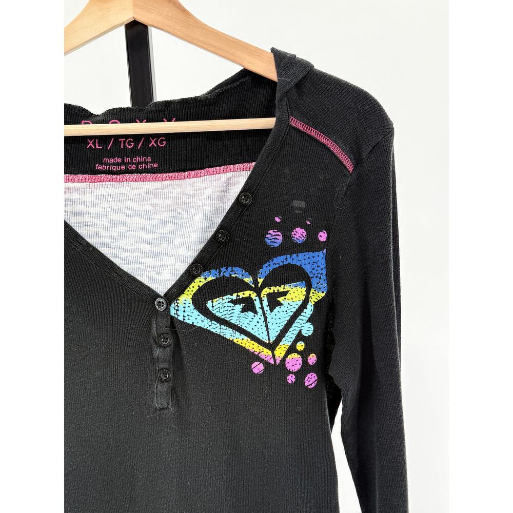 Y2K Roxy Henley Graphic Ribbed Stretch Knit XL Black Hoodie Bratz - Picture 4 of 7